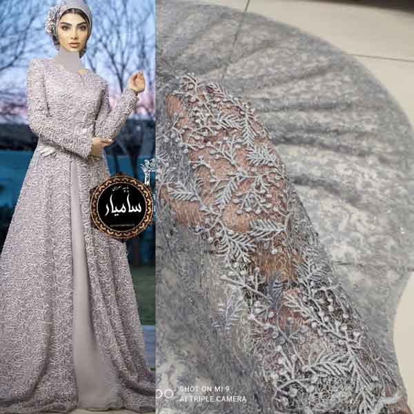 مدل لباس گیپور مجلسی جدید دو تیکه حاشیه دار با دامن ساتن