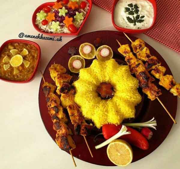 تزیین جوجه کباب مجلسی و زیبا در خانه با برنج