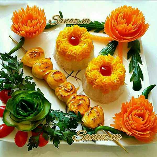 تزیین جوجه کباب مجلسی و زیبا در خانه با برنج
