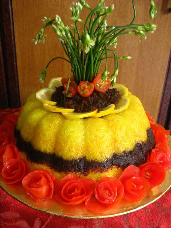 تزیین ته چین مجلسی مرغ و گوشت در خانه (قالبی و دیسی)