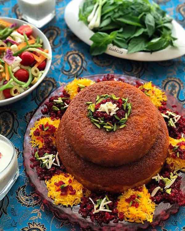 تزیین ته چین مجلسی مرغ و گوشت در خانه (قالبی و دیسی)