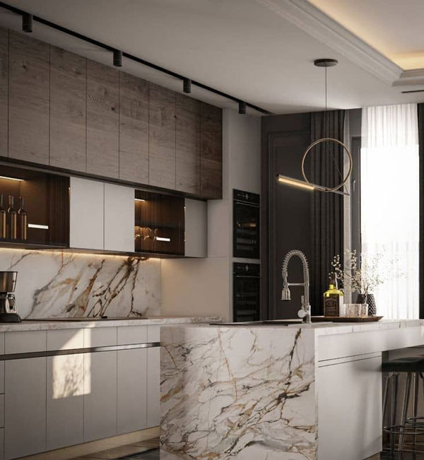 مدل کابینت آشپزخانه دو طرفه شیک تیره و روشن لوکس و مدرن