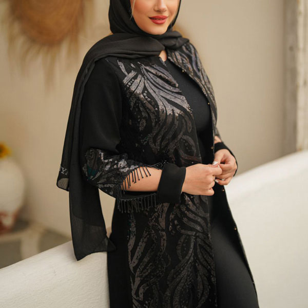 مدل مانتو مجلسی بلند مشکی جلو باز دخترانه و زنانه خوش دوخت و جذاب