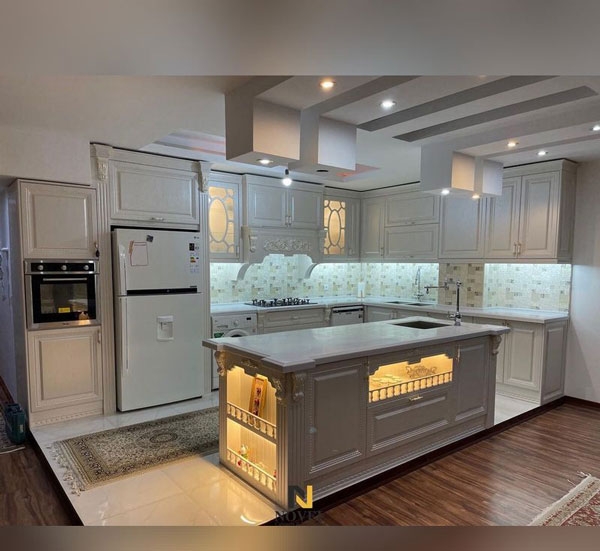 مدل کابینت آشپزخانه جدید سفید و مشکی و طوسی طرحدار و ساده