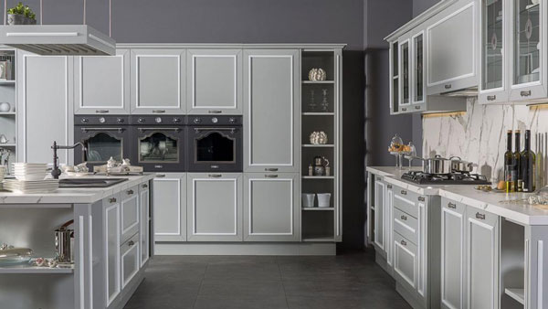 مدل کابینت آشپزخانه جدید سفید و مشکی و طوسی طرحدار و ساده