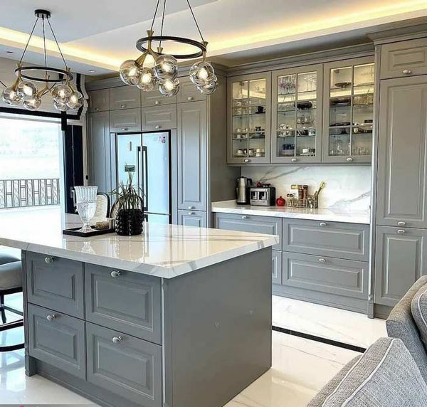 مدل کابینت آشپزخانه جدید سفید و مشکی و طوسی طرحدار و ساده