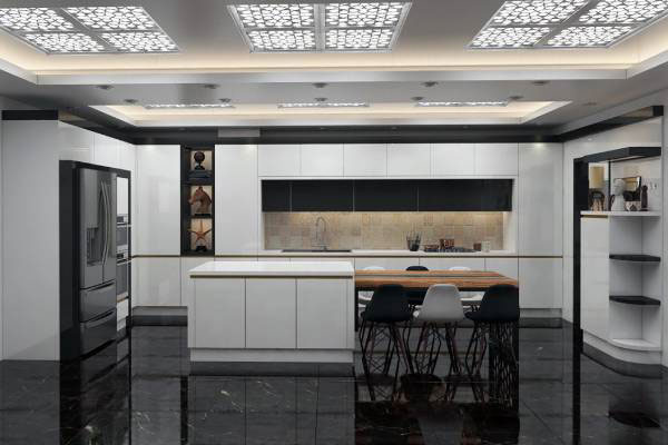 مدل کابینت آشپزخانه جدید سفید و مشکی و طوسی طرحدار و ساده
