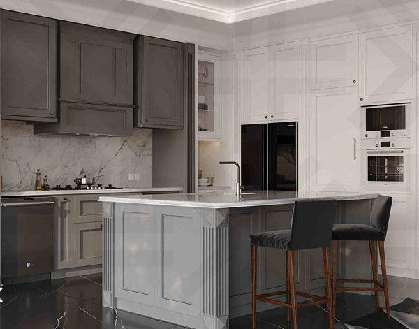مدل کابینت آشپزخانه جدید سفید و مشکی و طوسی طرحدار و ساده